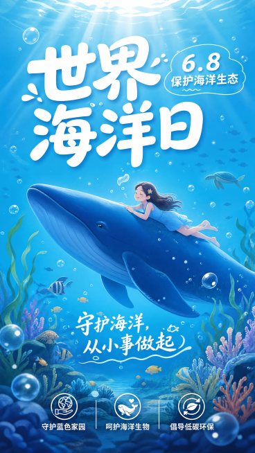 世界海洋日宣传海报，插画风，清新梦幻蓝调。主标题"世界海洋日"，副标题"守护海洋，从小事做起"，装饰文案"6.8 保护海洋生态"，卖点文案"守护蓝色家园、呵护海洋生物、倡导低碳环保"。画面是清新海底场预览效果