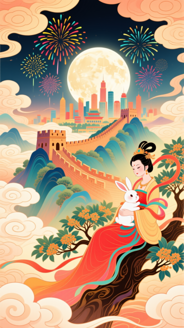 全景构图，近景是嫦娥抱着玉兔的坐在玉桂树上的侧影，中间是蜿蜒雄伟的长城和繁华的城市建筑，背后是圆月和烟花，画面四周祥云环绕，画面整体充满喜庆和华丽，画面呈现喜庆的暖色调预览效果