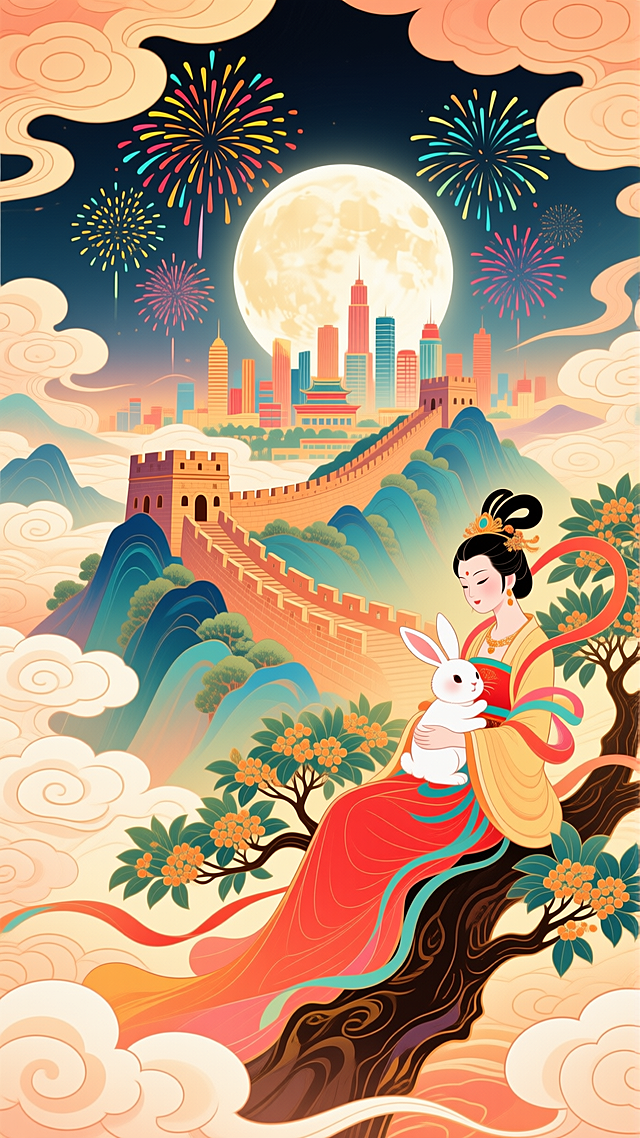 梦幻中式插画风，嫦娥抱兔拟人化，超现实长城夜景，烟花满月庆中秋。