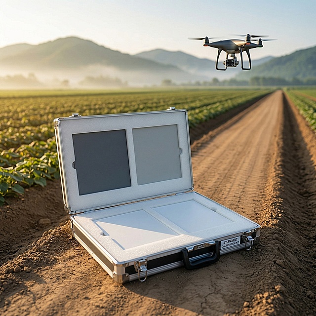 1:1 正方形构图，严格还原上传的产品图，包括包装设计、颜色、LOGO 位置、文字内容、图案元素等所有细节，产品外观必须与参考图完全一致，不得改变包装设计、配色方案或品牌元素，保持产品的真实材质质感（哑光标定板、金属铝箱、高密度海绵内衬）。拍摄场景设定为清晨时分的万亩高标准智慧农田，田埂平整开阔，远处是连绵的青山与缭绕的薄雾，金色的朝阳从东方斜洒而下，在产品表面形成柔和的轮廓光，营造出专业、高端、充满科技感的农业遥感测绘氛围。画面主体为打开的景颐 JY-P4MRT 无人机标定板铝箱，标定板整齐陈列在定制海绵卡槽内，清晰展示产品的完整形态；背景中虚化呈现正在低空作业的大疆 P4M 多光谱无人机，呼应产品的核心适配场景，强化产品的专业属性。整体画面通透干净，光影层次丰富细腻，突出产品与自然作业环境的深度融合，传递出高端、精密、便捷的专业作业体验。采用 8K 超高清商业产品摄影标准，专业全画幅相机拍摄，大光圈虚化背景突出主体，色彩还原精准真实，无过度修图，完整保留产品的真实质感与细节，锐度拉满，细节纤毫毕现，符合电商平台首图的视觉要求，能够快速抓住专业用户的注意力，引发情感共鸣。避免：模糊、变形、色差、改变产品外观、改变 LOGO 位置、修改包装设计、强光过曝、暗光昏暗、杂乱背景、多余杂物、人物遮挡主体、水印、文字错误、像素低、噪点、模糊边缘、反光过度、材质失真、比例失调、非 1:1 构图、虚假场景、卡通风格、手绘风格、3D 渲染感过重、塑料感、廉价感、污渍、破损、镜头畸变