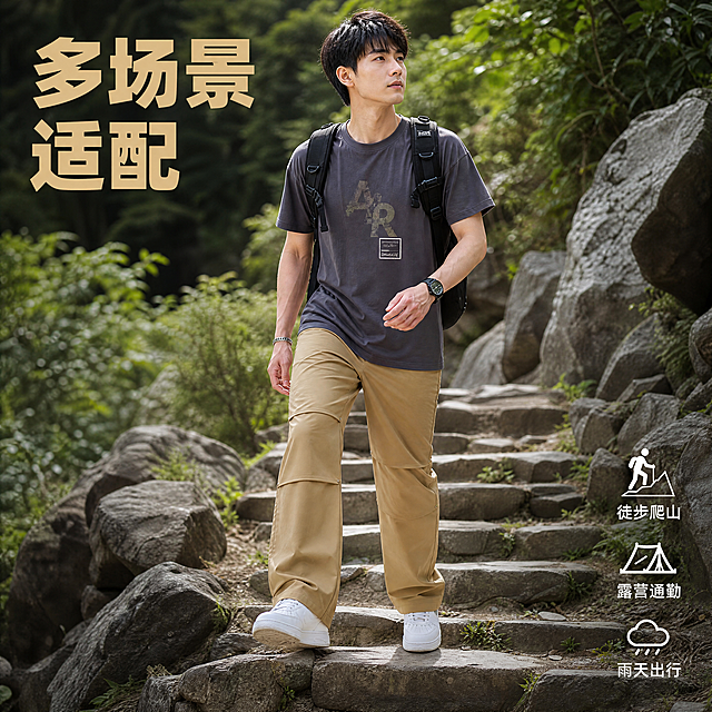 [主图-3] 卡其色冲锋裤多场景使用展示图，模特徒步爬坡动作展示，突出户外实用性。
[氛围风格] 强户外场景氛围感，年轻活力户外风格。
[画质] 商业摄影质感、光线柔和通透、产品清晰真实、画面干净高级。
[元素] 保持卡其色冲锋裤外观（物理结构、材质质感、颜色）与输入产品图绝对一致，杜绝任何变形和色差，精细化处理。同一位亚洲男模特，在山间石阶徒步迈步，动作自然真实，整体展示裤子版型和活动自由度。背景是山林徒步路径，自然户外场景，商品主体占比约70%，画面满屏无边框。
[光影] 日间山林自然光照，明暗清晰，突出裤子立体廓形，阴影自然不生硬。
[配色] 卡其色裤子搭配深绿山林背景，自然户外配色和谐。
[视角构图] 平视中景构图， capture 模特迈步动态，自然不僵硬。
[文字版式] 左侧主图，右下角放三个场景图标标签：「徒步爬山」「露营通勤」「雨天出行」，每个标签简洁文字，不加底框，清晰不遮挡。主标题放在左上负空间：“多场景适配”粗体卡其色。
[比例分辨率] 1:1 比例，4k 分辨率；文字清晰锐利，画面超高清。
[负向提示词] 变形，水印，文字错乱，产品图模糊，背景杂乱，信息遮挡主体，绝对化违禁词。