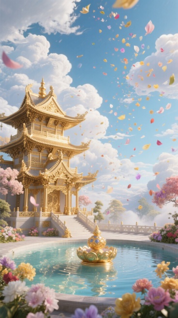 金银楼阁 七宝池 八功德水 漫天吉祥云  各色鲜花从天而降预览效果