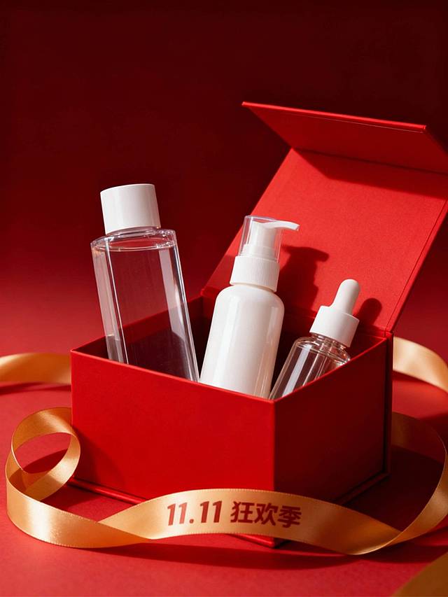 画面以暗红渐变为背景，中心为一个打开的红色化妆品礼盒，商品随意摆放在礼盒内，金色丝带以螺旋状环绕礼盒，丝带上印有 “11.11 狂欢季” 字样，整体营造美妆品类高端奢华氛围。