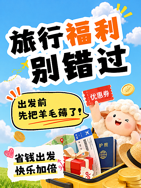 夏季出游旅游福利旅行出游福利薅羊毛省钱攻略3D拟人风格卡通小红书封面