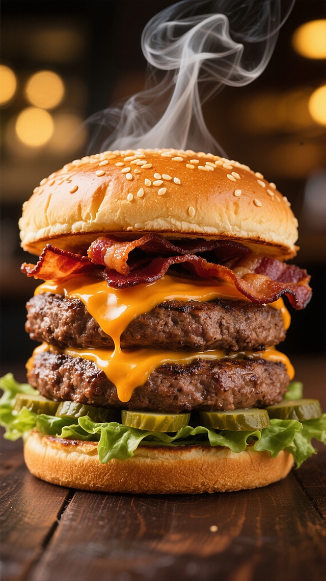 一个巨大的、令人垂涎的汉堡，占据画面中心，顶部是金黄色、带有芝麻的松软面包，面包边缘微微烤焦，散发着诱人光泽。中间夹着厚实多汁、表面烤得焦香微脆的牛肉饼，肉饼上覆盖着融化的橙黄色芝士，芝士正缓缓滴落。芝士上方是几片酥脆的深红色培根，培根边缘略微卷曲。汉堡下层是新鲜翠绿的生菜叶，生菜上整齐排列着几片酸黄瓜片。整个汉堡堆叠得非常厚实，放在深色木质桌面上。背景是模糊的暖黄色光斑，营造出温馨而高级的餐厅氛围，汉堡顶部有几缕白色的热气袅袅升起，增强食物的新鲜热乎感，整体画面光影对比强烈，突出汉堡的质感和美味，色调以暖棕色、金黄色和绿色为主，充满食欲感。