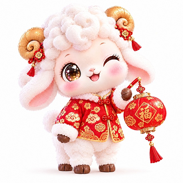 将小羊的蹦跳姿态改为站立姿势，四只脚稳稳站在地面上，身体端正，姿态乖巧可爱。保持小羊手中的红色福字灯笼、表情（一只眼睛眨着wink）、服饰、羊角装饰和整体风格不变，背景保持纯白色。