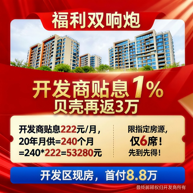 在“开发商贴息1%”的后面加上“贝壳再返3万”，两段文字适当缩小，排位一行预览效果