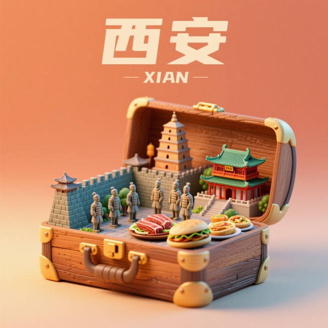 一个箱子，里面是城市微缩景观，有西安古城墙、兵马俑、大雁塔、钟楼，加一点肉夹馍等美食，画布上方印有中文“西安”和英文"XIAN",整体画面生动，色调温暖，充满活力和朝气预览效果