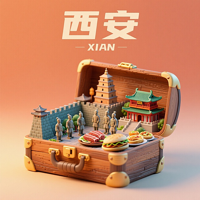 一个箱子，里面是城市微缩景观，有西安古城墙、兵马俑、大雁塔、钟楼，加一点肉夹馍等美食，画布上方印有中文“西安”和英文"XIAN",整体画面生动，色调温暖，充满活力和朝气