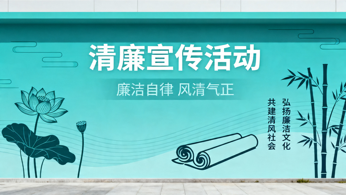 清廉宣传活动氛围墙，主背景为蒂芙尼蓝色调，背景有设计感，运用简洁线条搭配简约国风廉洁相关素材，整体设计简约大气，适合作为宣传展示墙预览效果