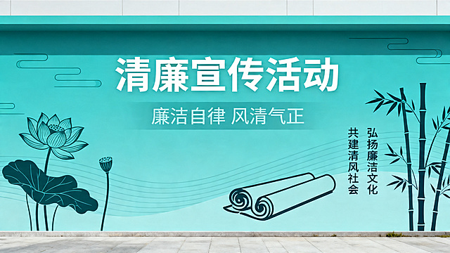 清廉宣传活动氛围墙，主背景为蒂芙尼蓝色调，背景有设计感，运用简洁线条搭配简约国风廉洁相关素材，整体设计简约大气，适合作为宣传展示墙