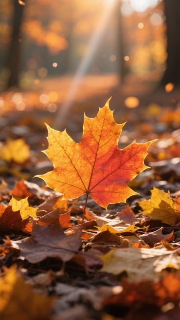 一张特写镜头的秋季落叶照片，画面中心是一片纹理清晰、色彩鲜艳的橙黄色枫叶，周围散落着深浅不一的黄色、橙色和褐色落叶，整体构图采用近景聚焦枫叶、背景虚化的方式，营造出自然的深度感。光线变换为柔和的夕阳侧光，金色的阳光从画面左侧斜射，为枫叶边缘镀上明亮的金边，叶面呈现出温暖的橙红色调，背景中的落叶和模糊树林被染上暖橙色，空气中漂浮着细小的光斑和光晕，形成梦幻的秋日氛围，整体色彩以橙黄、金黄、赭石色……预览效果