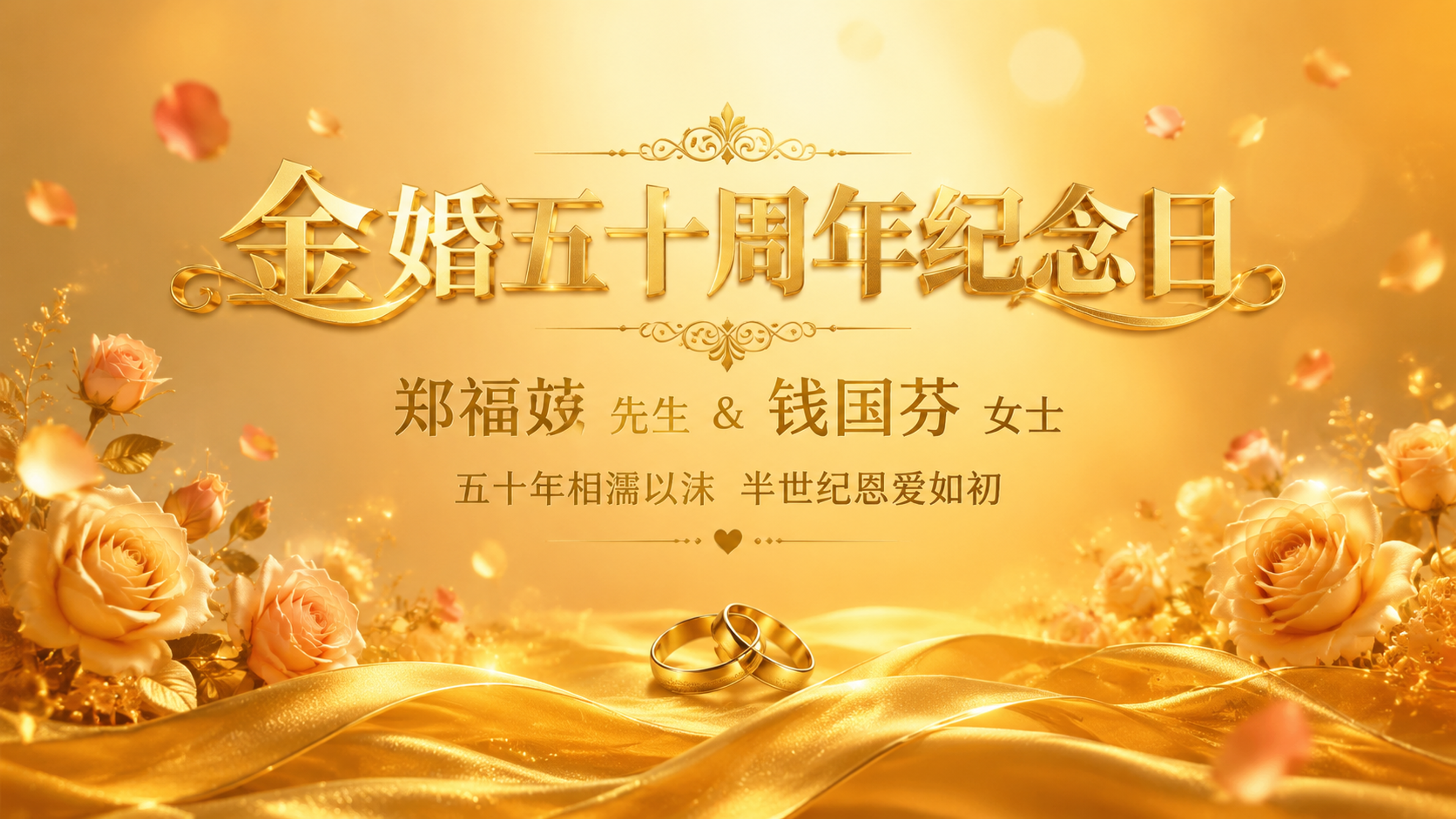 横屏金婚五十周年纪念日屏保，温馨典雅风格。背景是温暖的金色渐变… - 图片创意预览