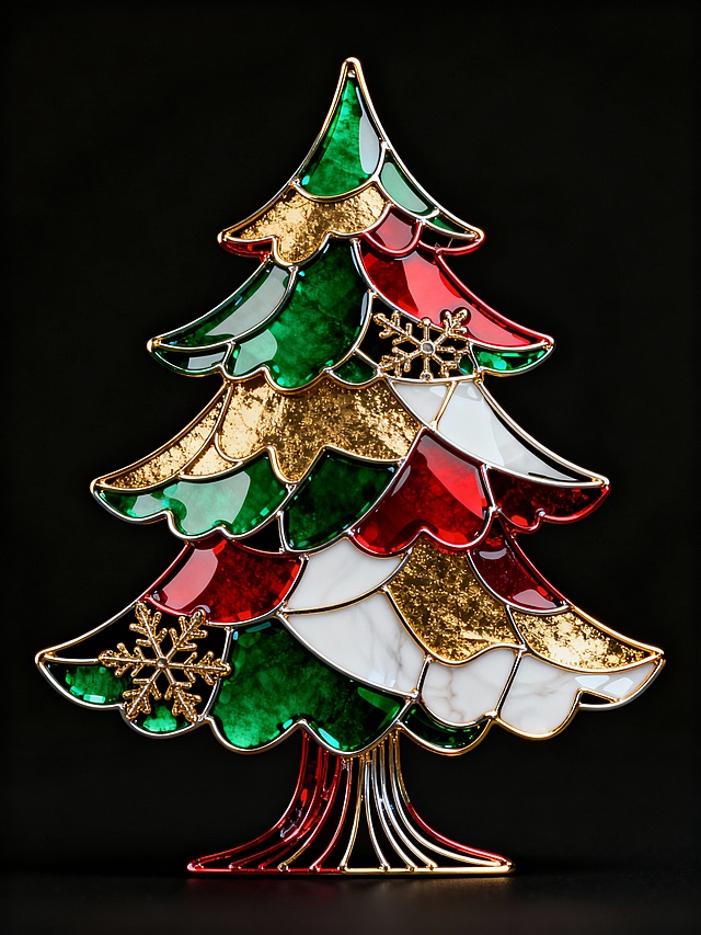 玻璃画风圣诞树，描边金属质感，重拟物设计，融合红绿金白梦幻配色，奢华喜庆，节日氛围浓厚。