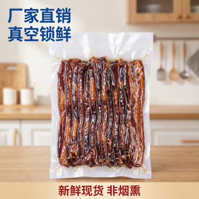 这张图片是产品主体这款产品是广式腊肉 我需要设计20张主图在拼多多上面售卖    主图场景布局可以用厨房 炒腊肉 腊肉细节等设计一个高级有食欲一些主图文案内容 正宗广式腊肉 厂家直销 新鲜现货 咸甜相预览效果