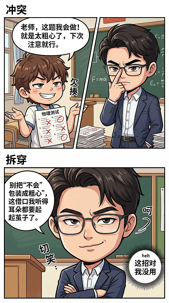Q版漫画，上下拼接两格同一场景教室讲台：
第一格（冲突）：左边是Q版学生，一脸不在乎嬉皮笑脸显得欠揍，手里拿着满是红叉的卷子，对话框文字"老师，这题我会做！就是太粗心了，下次注意就行。"；右边是Q版物理男老师，参考提供的图片人物长相做成Q版，推眼镜，一脸严肃眼神犀利看穿学生。
第二格（拆穿）：镜头拉近到老师面部，老师翻了个优雅的白眼，手抱胸冷笑，对话框文字"别把'不会'包装成'粗心'，这借口我听得耳朵都要起茧子了。"，还有一个内心OS气泡框写着"这招对我没用"。
整体漫画风格，角色情绪生动真实，老师语气损一点，学生欠揍感，老师犀利感。