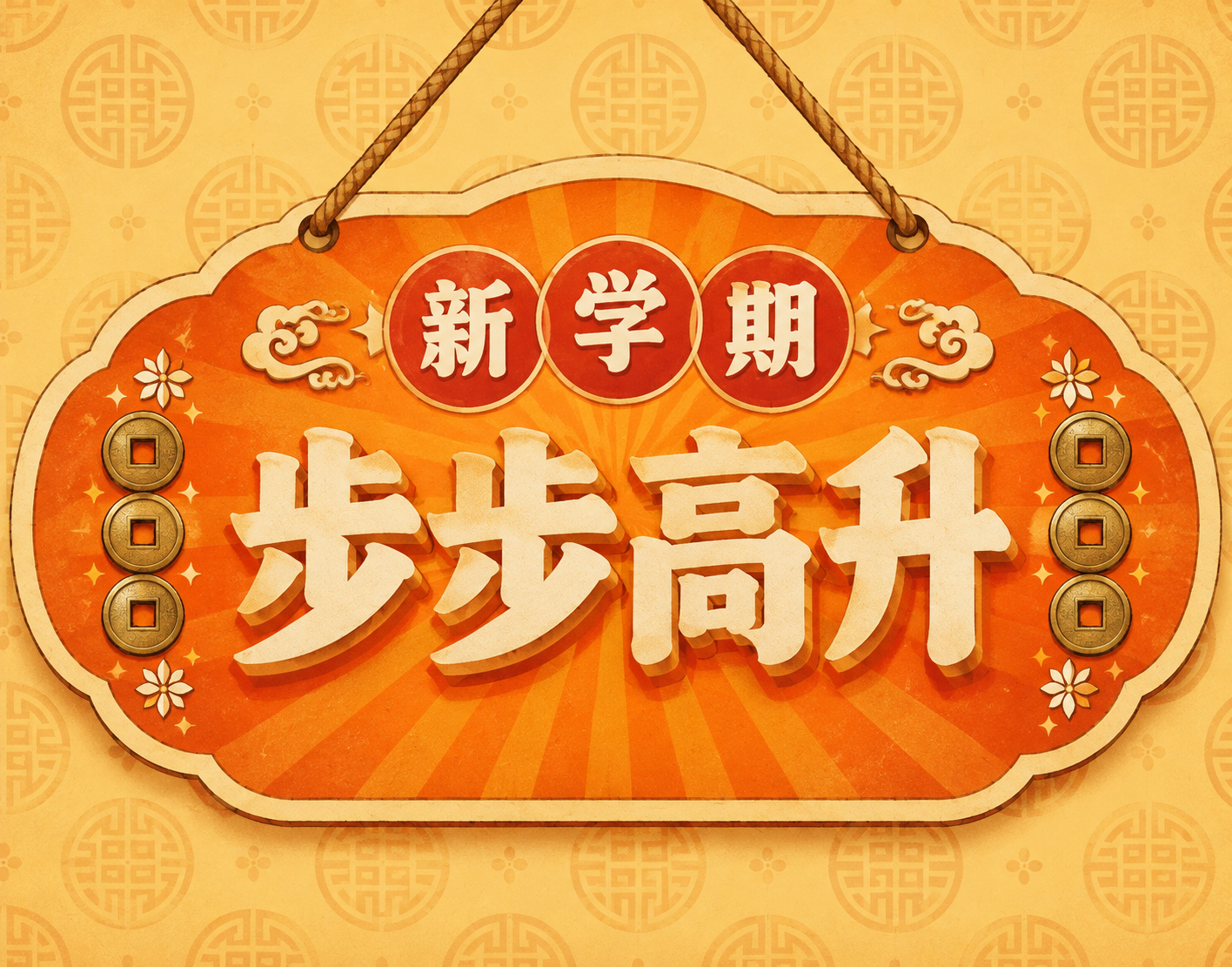 新学期主题复古挂牌风格小图，橙色系配色。画面中心是一个橙色复古… - 图片创意预览