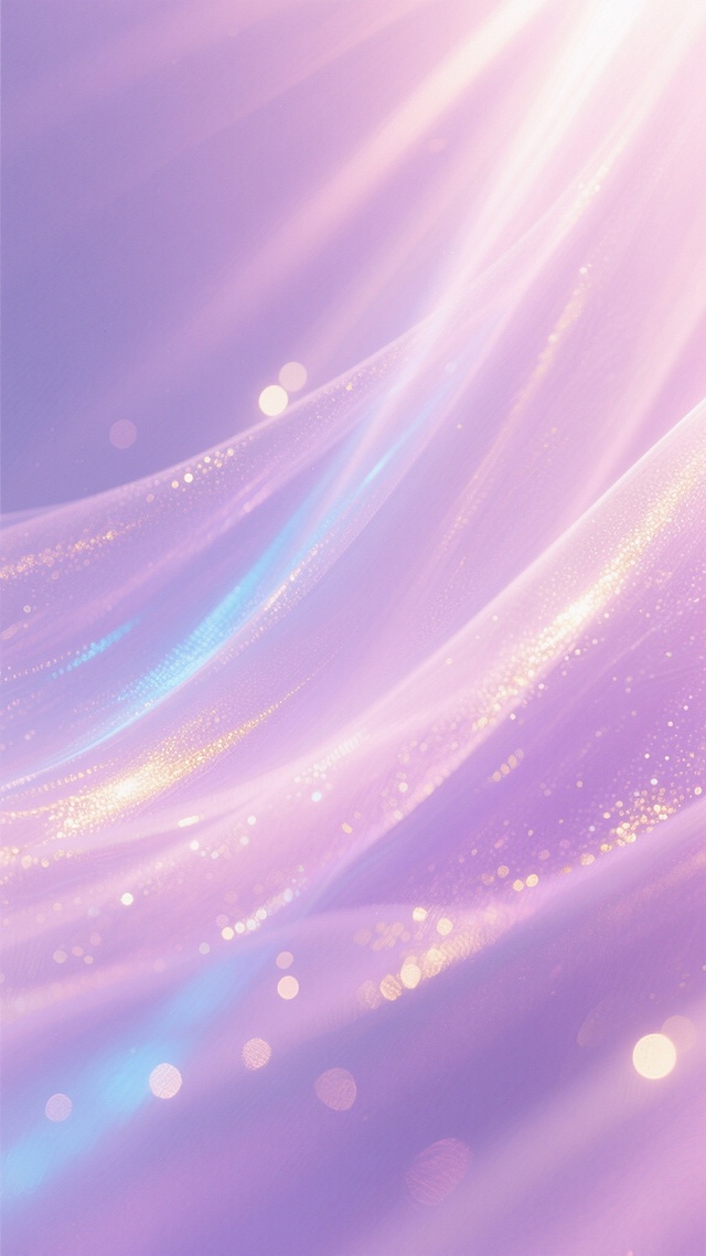 梦幻紫色渐变背景，柔和的粉紫色调为主，带有明亮的光晕效果，光线从上方倾泻而下，形成柔和的光束，夹杂着淡淡的蓝色和金色光泽，整体画面呈现出透明、轻盈的质感，光线在空气中散射出梦幻的光斑，营造出宁静而神秘的氛围，色彩过渡自然平滑，充满流动感和光泽感。