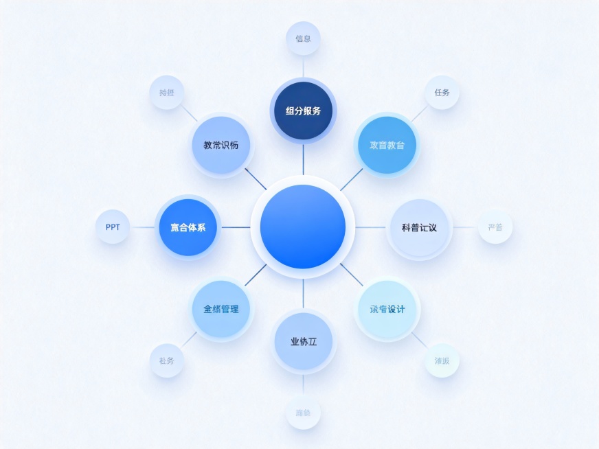知识图谱占位图，以蓝色等柔和色系为主，核心是圆形中心节点，向外辐射7-8个一级分类节点（圆形），每个一级节点再延伸3-5个二级细分节点（小圆形），节点间用简洁直线连接。整体无阴影，仅用色彩区分层级，背预览效果