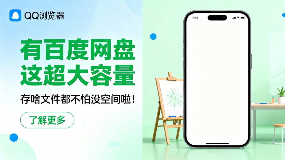 左侧浅蓝渐变背景，左上角QQ浏览器logo，绿色大标题“有百度网盘这超大容量”配“存啥文件都不怕没空间啦！”及“了解更多”按钮；右侧展示手机白屏。场景聚焦于创意设计工作环境，构图平衡，视觉焦点集中于标预览效果