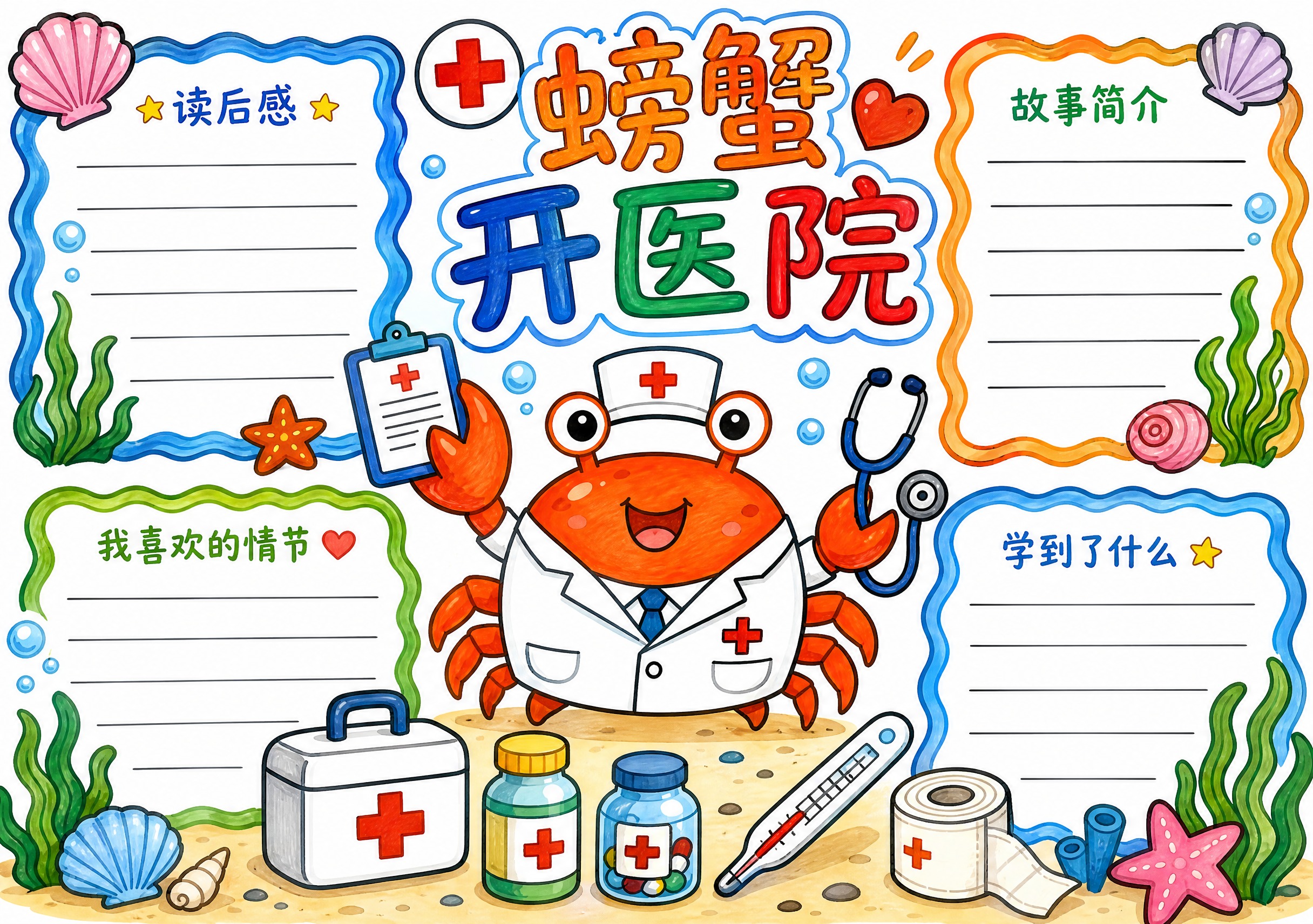 螃蟹开医院主题阅读小报，马克笔手绘风格，白色背景，横版A4尺寸… - 图片创意预览