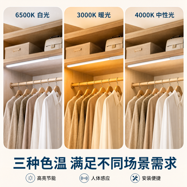 [主图-3] 三种色温COB灯带效果对比展示图。氛围风格：真实场景对比，清晰直观生活化。画质：商业摄影质感、光线柔和通透、产品清晰真实、画面干净高级。元素：将6500K白光、3000K暖光、4000K预览效果