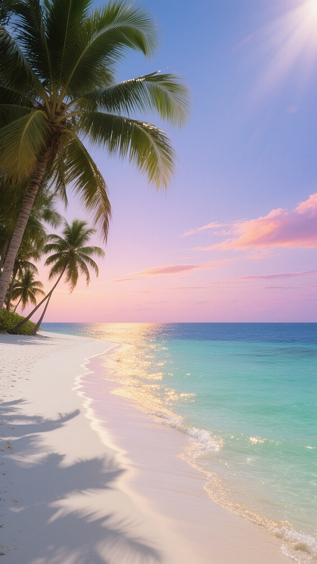 超写实摄影风格，黎明时分的热带岛屿沙滩，细腻洁白的沙滩从画面左下角向右上角延伸，近处海水呈现透明的浅绿松石色，逐渐过渡到远处深邃的靛蓝色海洋，海天相接处是柔和的粉紫色晨曦，天空中漂浮着几缕薄纱般的橙粉色云彩，左侧有几棵高大的椰子树，其宽大的羽状叶片垂落，在沙滩上投下细长而清晰的阴影，光线从画面右上角低角度照射，海面泛起金色的粼粼波光，整体色调清新明快，营造出宁静、治愈、充满希望的氛围，高清晰度，极佳的色彩饱和度与对比度，无文字元素。