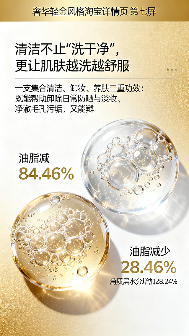 淘宝详情页第七屏，功效优势板块，奢华轻金风格，浅香槟金珍珠白主色调，加入微泡水光元素。包含模块标题“清洁不止“洗干净”，更让肌肤越洗越舒服”，功效文案“一支集合清洁、卸妆、养肤三重功效：既能帮助卸除日常防晒与淡妆、净澈毛孔污垢，又能温和带走老废角质，改善粗糙暗沉；同时补充肌肤水分，帮助强韧屏障，让洗后肌肤呈现清爽不拔干、水润更通透的理想状态。”，加入数据化表达：“油脂减少84.46%，角质层水分增加28.24%”，排版高级通透。