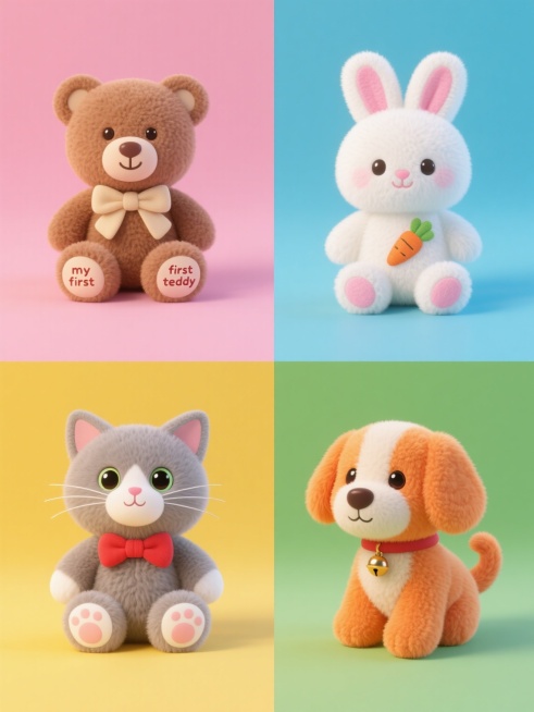 四个不同颜色背景上的毛绒玩具集合，每个玩具都有独特的动物造型和装饰细节，保持相同的3D渲染风格和光线效果，整体呈现出温馨可爱的氛围，图像规整排列成2x2网格。第一个是粉色背景上的棕色小熊，脖子系着米色蝴蝶结，脚底有"my first teddy"字样；第二个是蓝色背景上的白色兔子，耳朵内侧是粉色，胸前有胡萝卜图案；第三个是黄色背景上的灰色小猫，戴着红色领结，爪子是白色的；第四个是绿色背景上的橙……预览效果