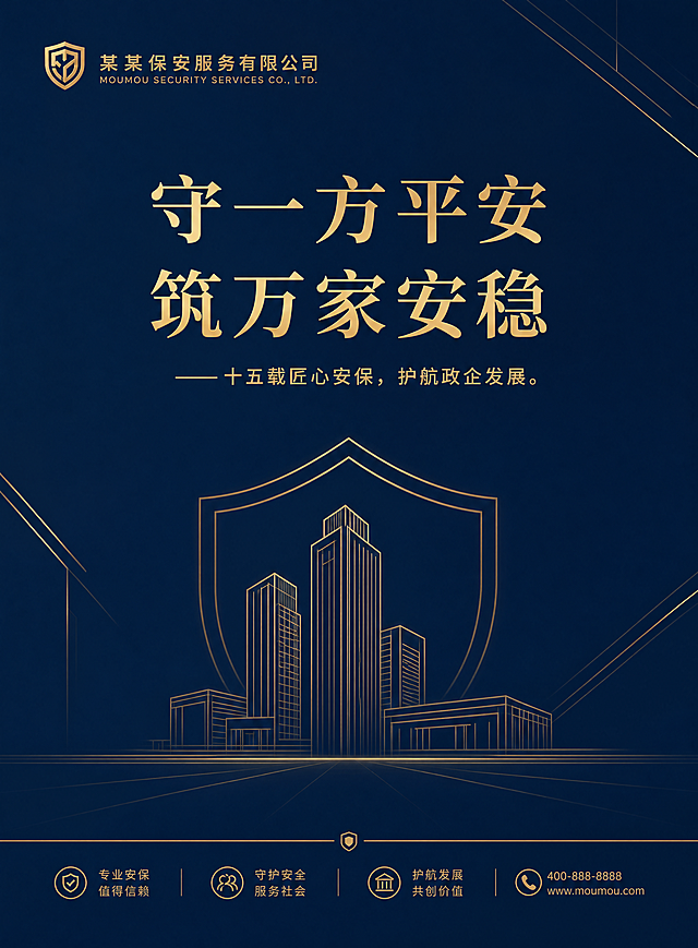 简约稳重的保安服务公司宣传册封面，深藏蓝背景搭配金色文字装饰，整体商务政务风格，大气简洁排版。包含主文字："守一方平安，筑万家安稳"，副标题："——十五载匠心安保，护航政企发展"，顶部标注公司名称。使用简洁几何设计，无多余花哨装饰。