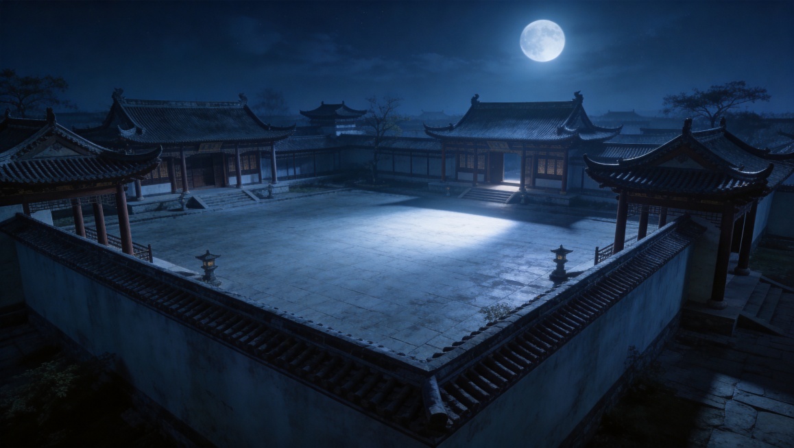 生成古代庭院图片，夜晚，大全景，有很大一块空地预览效果