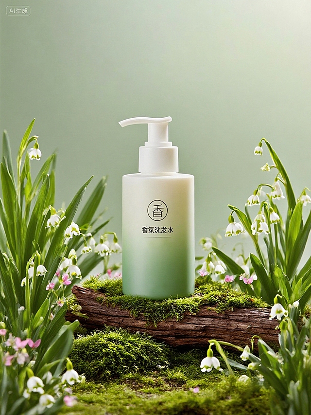 主体放置在覆盖枯木上，周围有绿色苔藓、白色铃兰花、绿叶、粉色小花环绕，背景为浅绿色，光线柔和