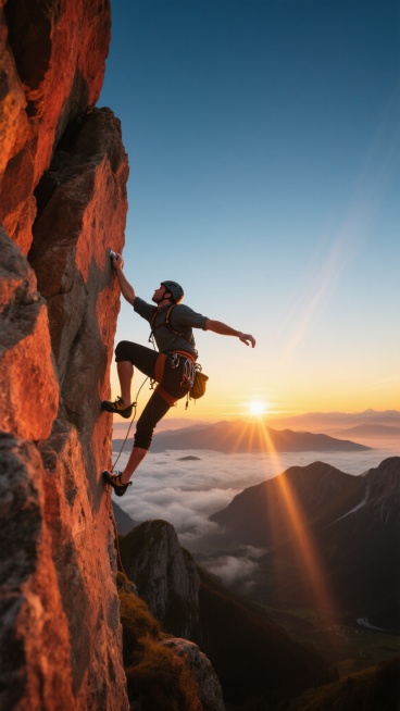 一张登山主题的户外摄影照片，画面中一位装备专业的登山者正攀爬在陡峭的岩壁上，他身体微微向后倾斜，一手紧握岩点，一手向上伸展，双腿用力蹬踏岩壁，展现出极具动感的攀爬姿势。岩壁表面粗糙，纹理清晰，在夕阳的照射下呈现出温暖的橙红色调，与远处天空由深蓝渐变为金黄的日落色彩形成鲜明对比。背景中可以看到层叠的山脉和广阔的山谷，云海在山间缭绕，阳光从地平线附近射出，形成耀眼的光芒和长长的光束，整个场景充满了……预览效果