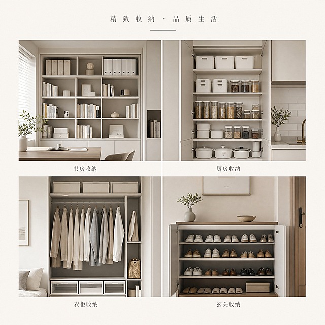 极简风格四宫格收纳服务展示 四个方格分别展示不同家居空间的整洁效果 左上是书房书架 右上是厨房橱柜 左下是衣柜内部 右下是玄关鞋柜 每个方格都是整齐有序的收纳效果 色调统一为米白浅灰 方格之间用细白线分隔 整体构图简洁高级 顶部有纤细的标题文字 每个方格下方有极小的服务名称标注 高级商业摄影质感 柔和自然光 大量留白 1比1比例 高清 无水印 无logo