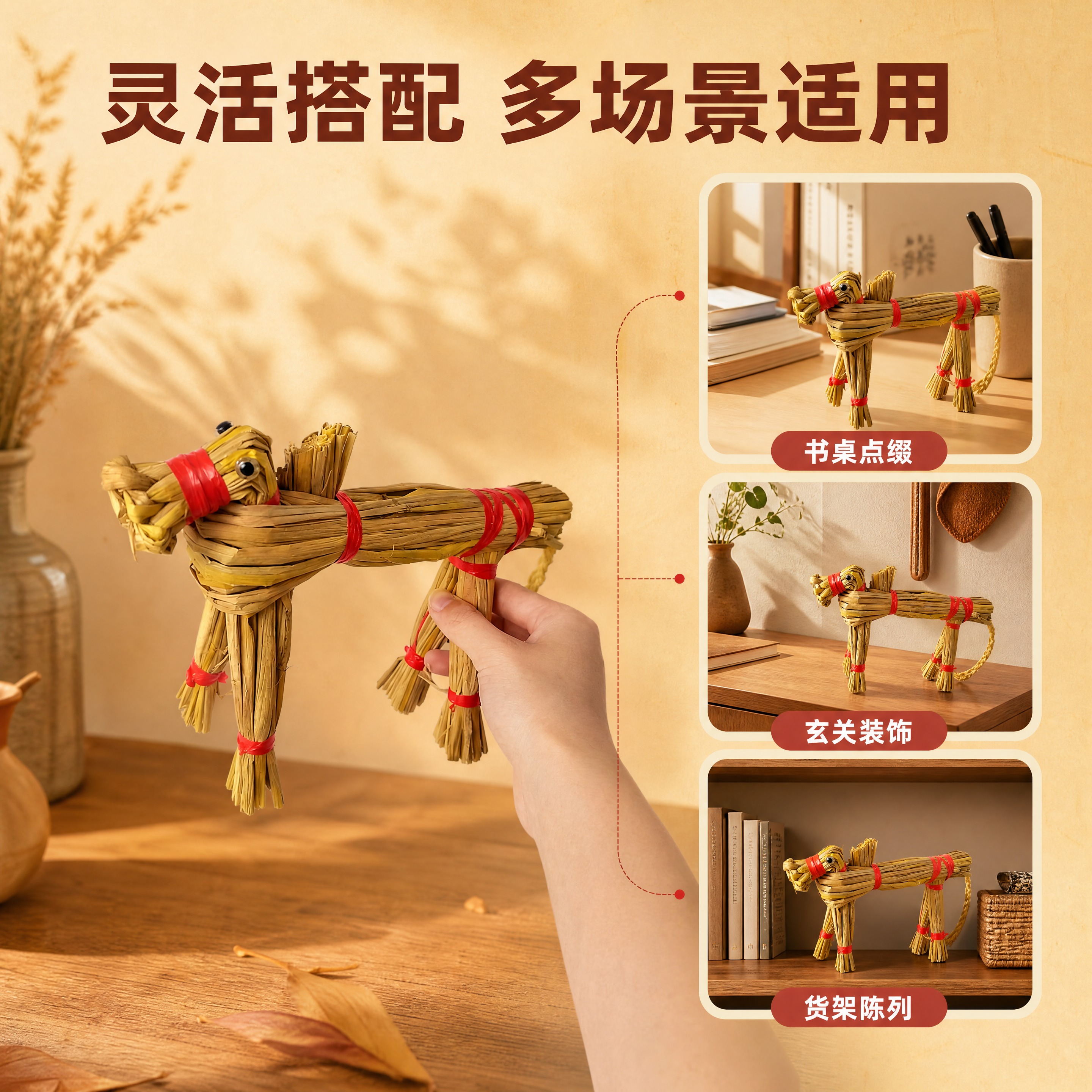 [商品] 使用【图2】手持红绳捆绑稻草马装饰摆件；保留稻草主体… - 图片创意预览