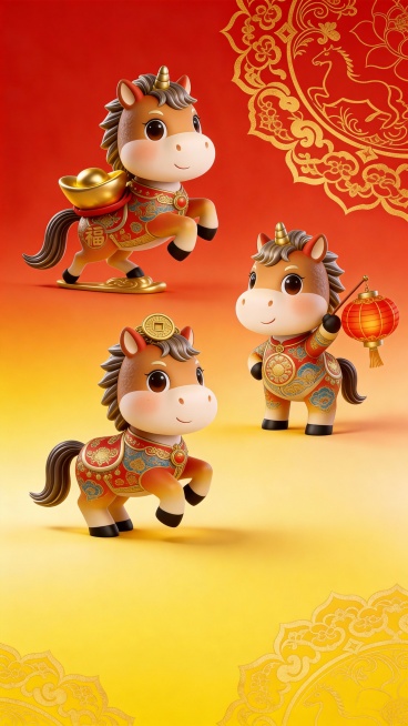 2026新年春节马年生肖卡通IP形象元素，拟人化的可爱小马，以中国红、金色为主色调，结合 "马踏飞燕"、敦煌壁画等传统元素，通过 Q 版拟人化设计 (2-3 头身)，塑造一个既保留生肖马特征 (长脸、预览效果