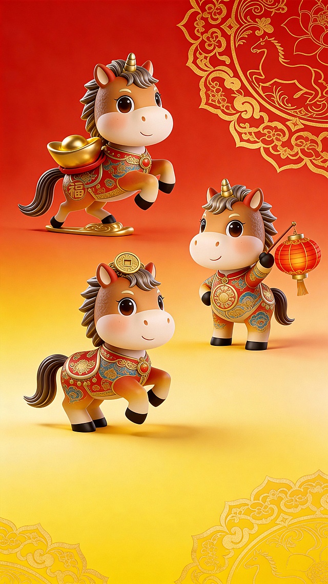 2026新年春节马年生肖卡通IP形象元素，拟人化的可爱小马，融合国潮与鎏金元素，喜庆红金配色搭配浮雕纹样，设计 "福马"(驮元宝)、"喜马"(举灯笼)、"财马"(戴铜钱) 等多种变体，适用于新年海报、红包、文创周边等场景。