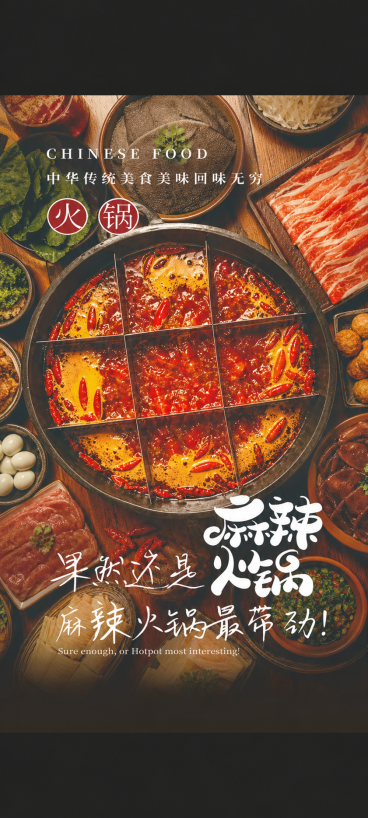 生成一张和参考图风格一致的麻辣火锅宣传图，保留原图俯拍九宫格红油锅的构图，暖调复古氛围，文案保留：CHINESE FOOD 中华传统美食美味回味无穷 火锅 果然还是 麻辣火锅 麻辣火锅最带劲！保持整体预览效果