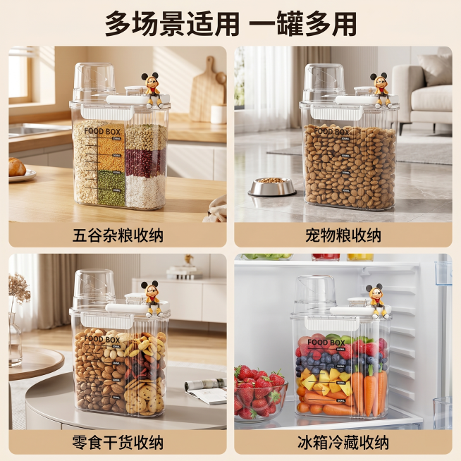 [主图 4] 密封收纳罐多场景使用展示图
[氛围风格] 生活真实代入，展示多用性
[画质] 商业摄影质感、光线柔和通透、产品清晰真实、画面干净高级
[元素] 保持密封食品收纳罐外观与输入产品图绝对一致预览效果