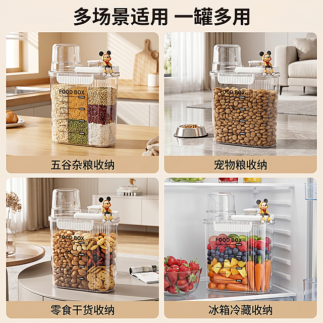 [主图 4] 密封收纳罐多场景使用展示图
[氛围风格] 生活真实代入，展示多用性
[画质] 商业摄影质感、光线柔和通透、产品清晰真实、画面干净高级
[元素] 保持密封食品收纳罐外观与输入产品图绝对一致，杜绝任何变形和色差，精细化处理。采用四宫格布局，四个小场景分别展示收纳罐存放五谷杂粮、存放宠物粮、存放零食干货、放冰箱冷藏收纳，每个场景都自然融入真实家居环境，收纳罐都保持主体清晰。整体画面干净整洁，家居温馨感强
[光影] 每个小场景都使用明亮柔和自然光，光影统一，整体通透干净
[配色] 各场景都是浅色系家居背景，整体风格统一，不冲突
[文字版式] 顶部大字标题写"多场景适用 一罐多用"，四个小场景分别标注对应场景名称文字，字体大小统一，颜色清晰，不遮挡收纳罐主体
[比例分辨率] 1:1 比例，2k 分辨率；文字清晰锐利，画面超高清
[负向提示词] 变形，水印，文字错乱，产品图模糊，背景杂乱