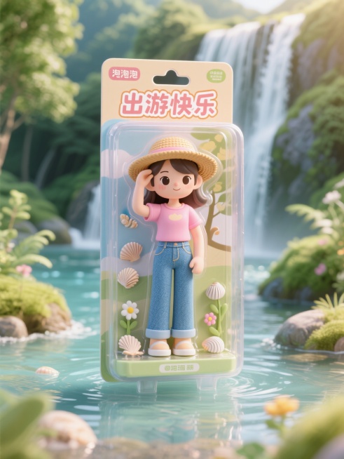 盒子上有描边文字“出游快乐”，山水小溪场景预览效果