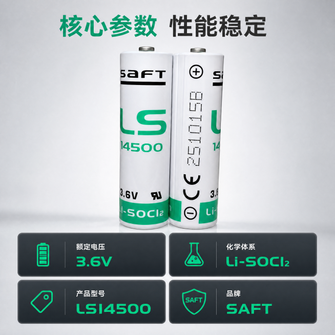 [主图-2] SAFT LS14500锂电池核心参数展示图。
[氛围风格] 延续3C数码科技风，专业简洁
[画质] 商业摄影质感，光线清晰通透，产品细节真实，画面高级干净，4k超高清
[元素] SAF预览效果