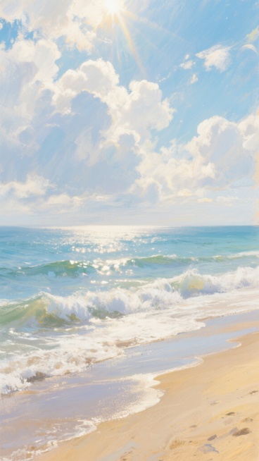 印象派风格海滩风景画，阳光穿透云层洒在波光粼粼的海面上，海浪轻柔拍打金色沙滩，远处海天相接处是渐变的蔚蓝，天空中漂浮着蓬松的白云，整体色调明快清新，笔触富有动感和层次感，营造出悠闲惬意的海滨氛围。预览效果