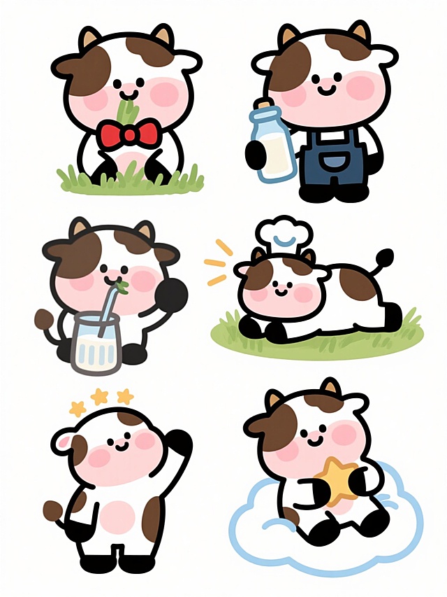 白色背景上，六个完全不同元素内容的奶牛系列素材集合规整排布，保持可爱卡通风格，每个奶牛形象均为圆润的身体、大大的头部、棕色斑点、粉色脸颊、黑色轮廓线条，元素内容分别为：1. 戴着红色蝴蝶结的奶牛正在吃青草，2. 穿着背带裤的奶牛拿着牛奶瓶，3. 戴着厨师帽的奶牛搅拌牛奶，4. 趴在草地上晒太阳的奶牛，5. 戴着星星发箍的奶牛仰望天空，6. 坐在云朵上的奶牛抱着星星，整体构图对称平衡，色彩明快柔和，充满童趣。