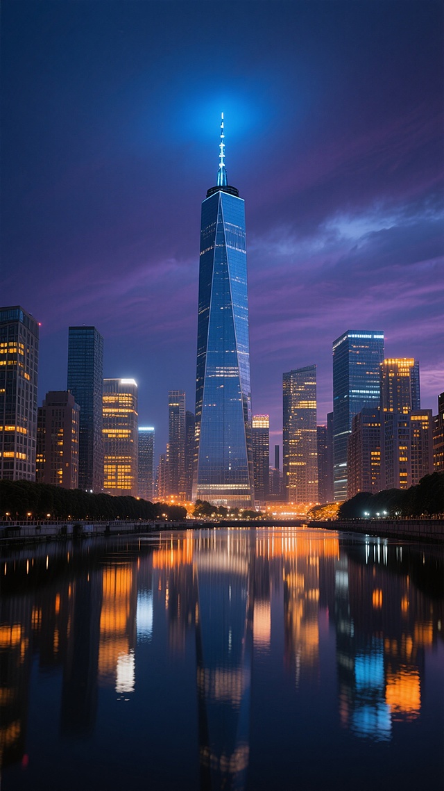 夜景城市天际线背景，深蓝渐变天空与暗紫色云层交融，中央矗立着高耸入云的玻璃幕墙摩天大楼，顶部尖塔亮着蓝光，周围环绕多栋形态各异的高层建筑群，建筑窗户透出温暖的黄色与白色灯光，底部沿河岸分布，水面如镜，清晰倒映出建筑灯光的橙黄与蓝白色光斑，整体呈现写实风格，光影对比鲜明，氛围宁静而壮丽，展现现代都市的繁华夜景，空间感开阔，构图以中央高楼为视觉焦点，建筑群错落有致分布两侧，水面占据画面下方约三分之一区域。