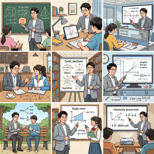 帮我生成关于高中数学的九宫格图片，要有老师和学生，老师的脸帮我设计成这张图片的，学生是中国人，场景是教室、家里、办公室、咖啡厅等，帮我生成20张预览效果