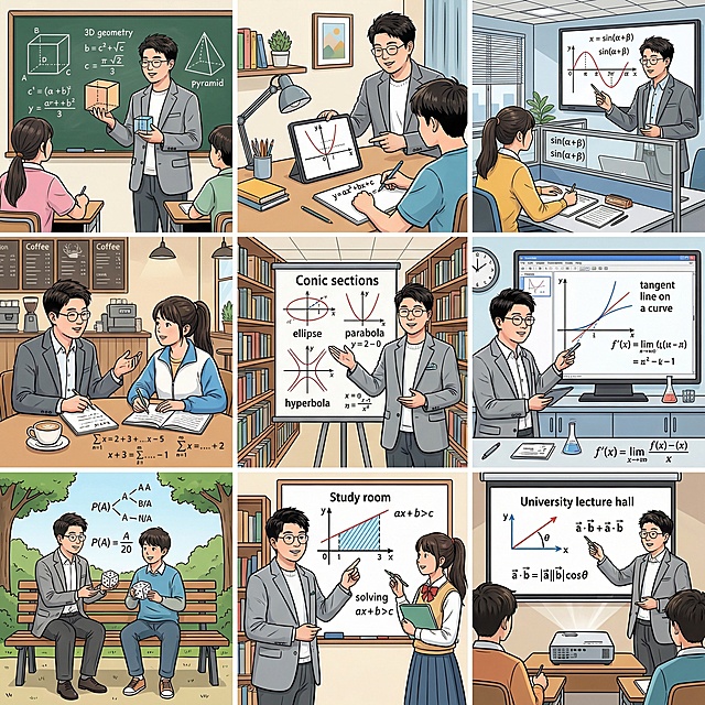 帮我生成关于高中数学的九宫格图片，要有老师和学生，老师的脸帮我设计成这张图片的，学生是中国人，场景是教室、家里、办公室、咖啡厅等，帮我生成20张