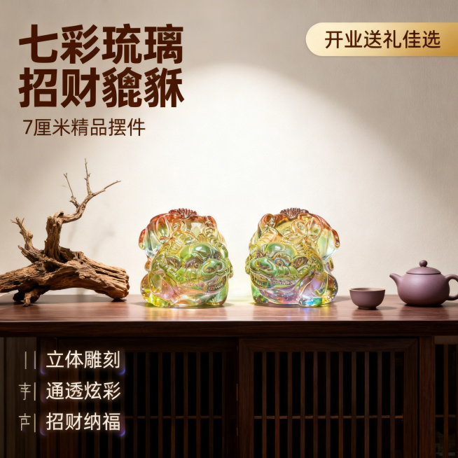 [主图 1] 彩色水晶貔貅招财摆件首图
[主图主题] 7厘米七彩琉璃貔貅家居摆件
[氛围/风格] 新中式轻奢风格，招财吉祥氛围，高级质感光影
[画面元素] 一对彩色水晶貔貅摆件放置在新中式玄关案台上，预览效果