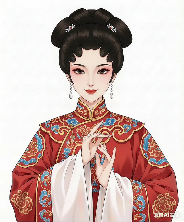 更换女生为另一张漂亮的脸，更换不同款式的高发型，服装更换为同色系装饰的不同款式红色戏曲风格服装，服装上有蓝色和金色的装饰，头发上没有装饰，更改手部动作，