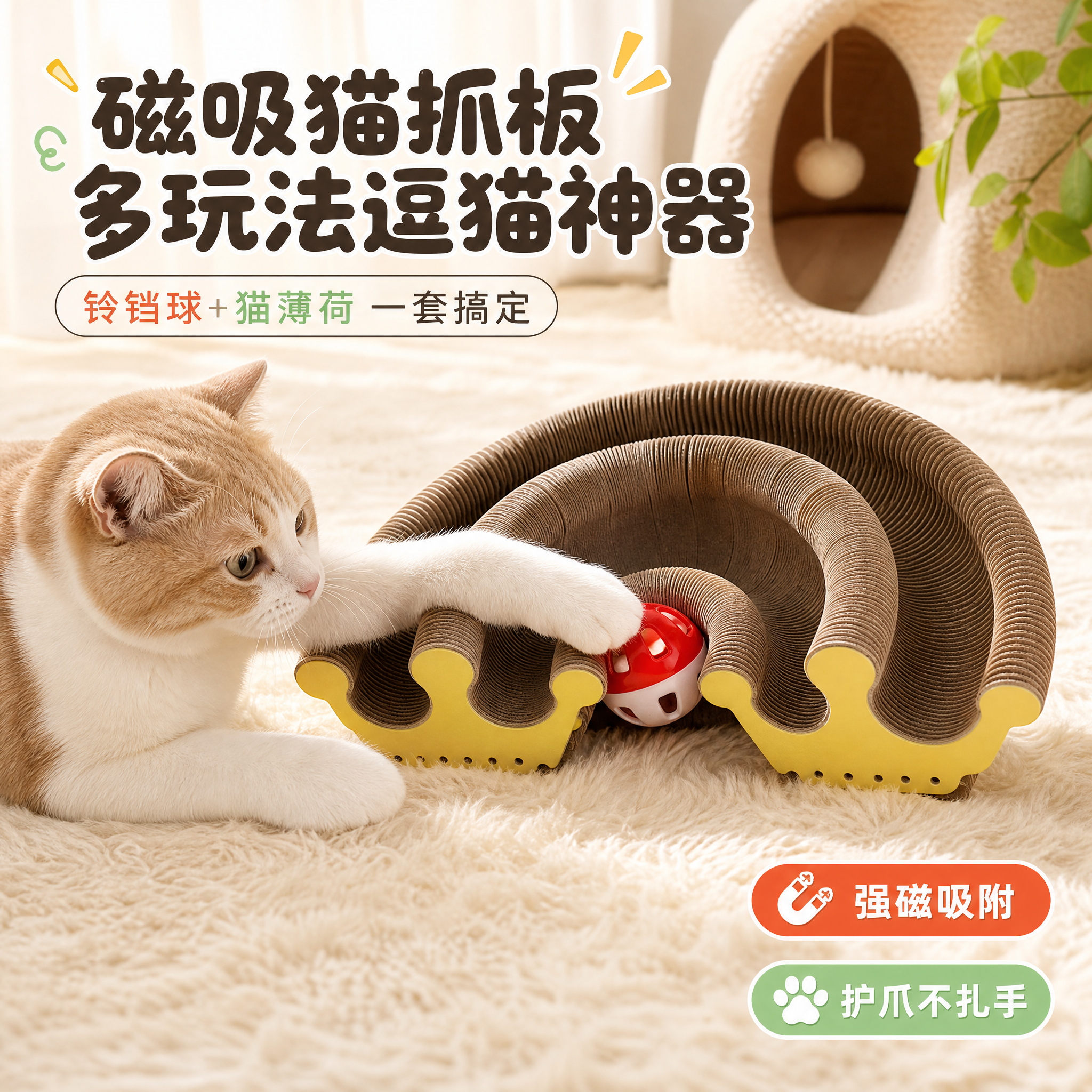 [主图-1] 磁吸猫抓板套装首图，展示产品全貌与猫咪互动情绪，… - 图片创意预览